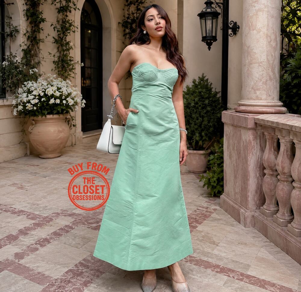 MANGO Sage Green Corset Midi Dress NWT Wedding Guest Dress